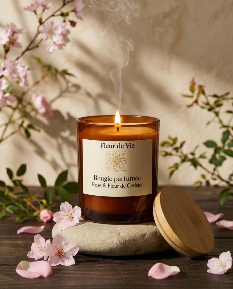 Bougie parfumée Rose et Fleur de Cerisier Fleur de vie, allumée parmi des fleurs de cerisier