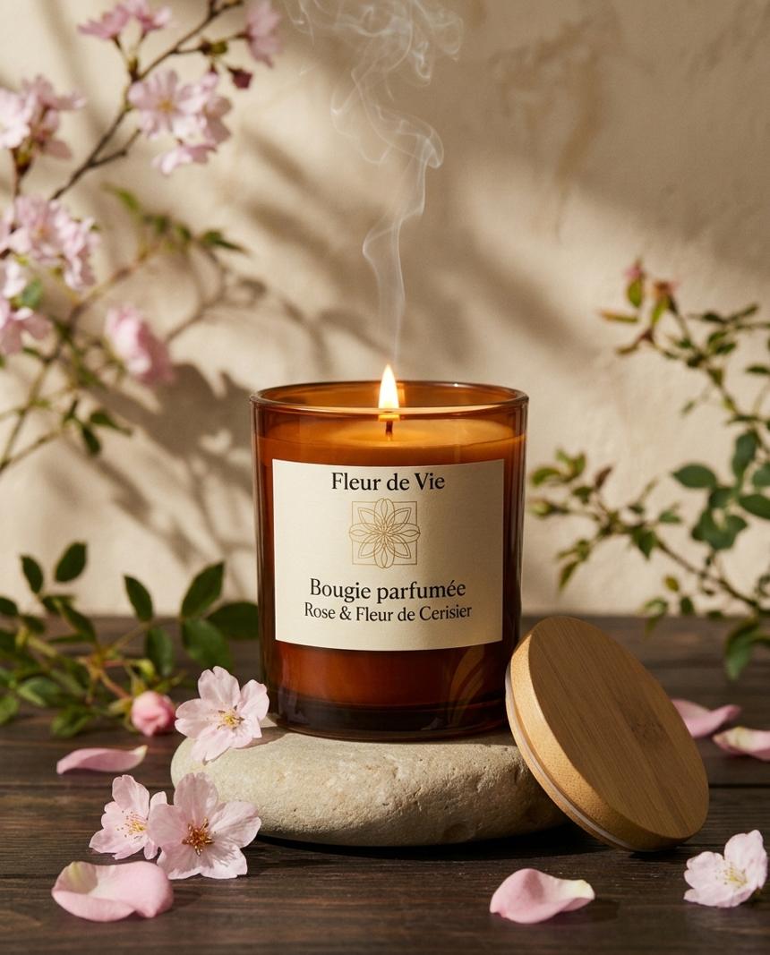 Bougie Fleur de vie allumée, entourée de fleurs de cerisier