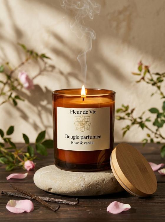 Bougie parfumée Rose Vanille et Ambre Fleur de vie, allumée sur un galet