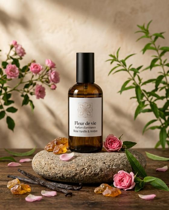 Parfum d'ambiance Rose Vanille et Ambre Fleur de vie, flacon ambré