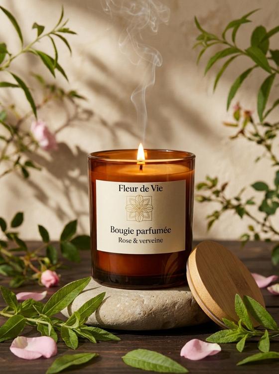 Bougie parfumée Rose et Verveine Fleur de vie, allumée sur un galet