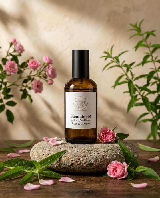 Parfum d'ambiance Rose et Verveine Fleur de vie, flacon ambré