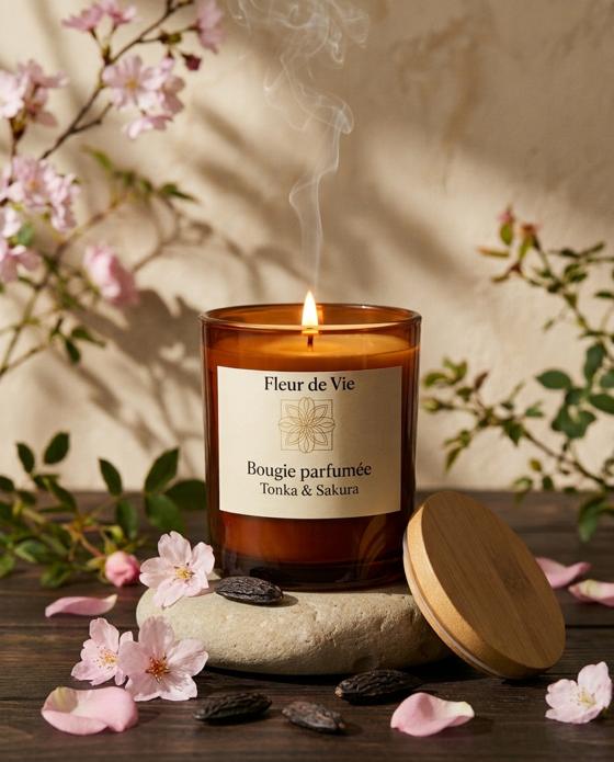Bougie parfumée Tonka et Sakura Fleur de vie, allumée sur un galet